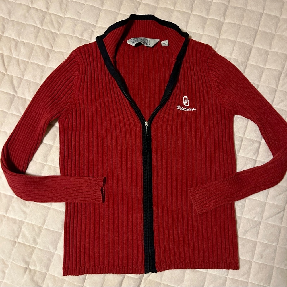 University of Oklahoma Red Ribbed Zip-Up Cardigan with Embroidered OU Logo - Picture 1 of 4